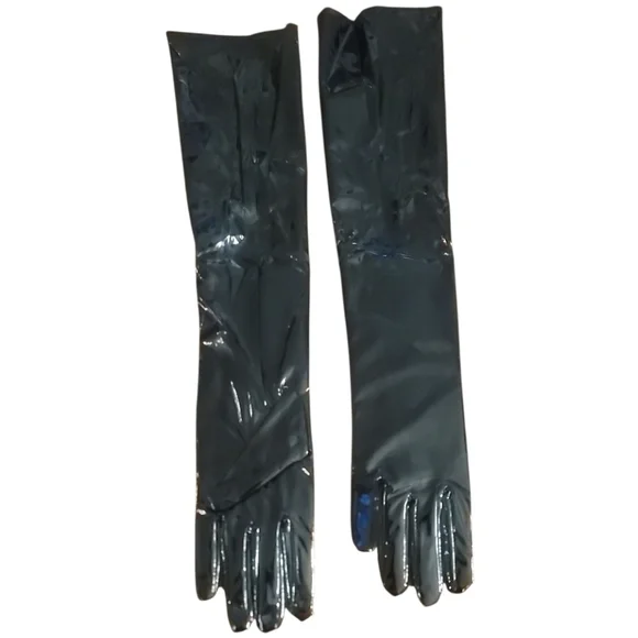 Elegant Black faux patent Leather opera Gloves costume performance nwt - Picture 3 of 3